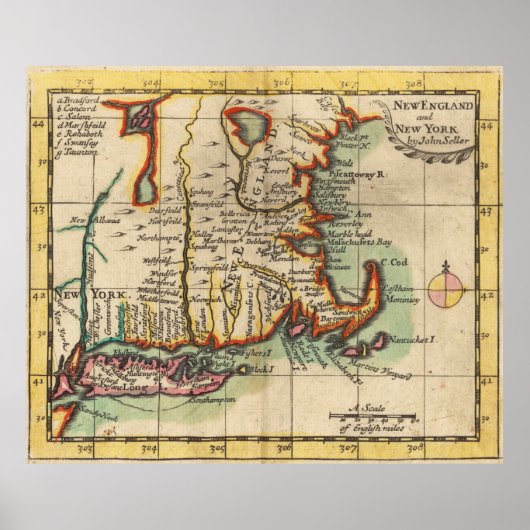 Vintages New England & Long Island Map (1703) Poster (Vorne)