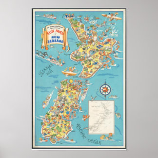 Vintages New Zealand Fun Map South Island Poster