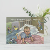 Vintages Niedliches Baby in Crib mit Toys Baby Dus Einladung (Stehend Vorderseite)