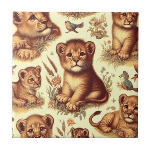 Vintages Niedliches Baby Lion Pattern Fliese (Vorderseite)