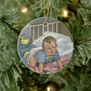 Vintages Niedliches Baby-Spielen in der Kinderkrip Keramikornament
