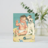 Vintages Niedliches Baby-Talk am Telefon Welpenhun Postkarte (Stehend Vorderseite)