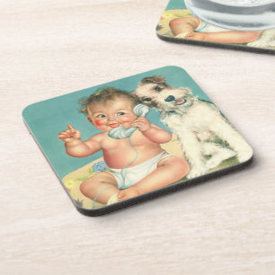Vintages Niedliches Baby-Talk am Telefon Welpenhun Untersetzer