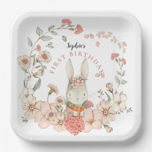 Vintages Niedliches Bunny Florals Girl 1. Geburtst Pappteller