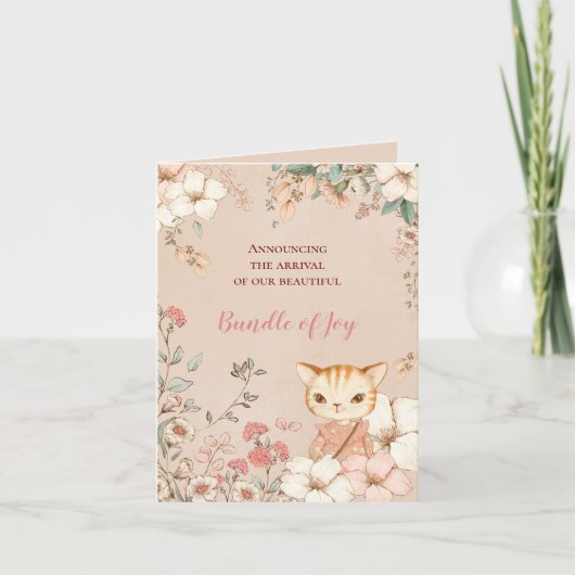 Vintages Niedliches Cat Foto Florals Girl Ankündigung (Vorderseite)
