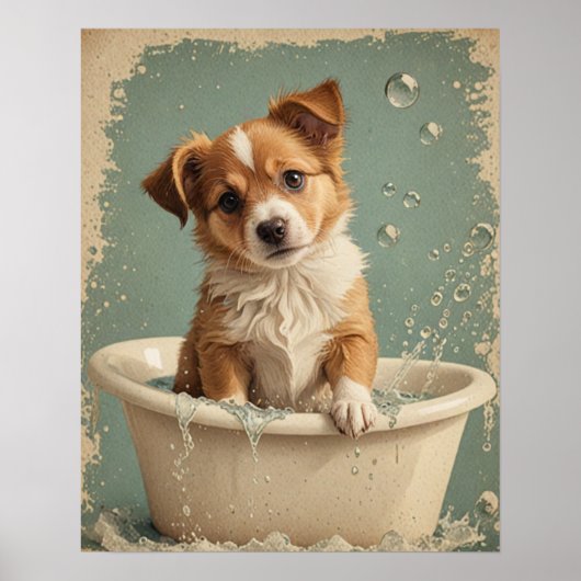 Vintages niedliches Hundebad Poster (Vorne)