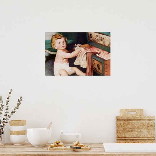 Vintages Niedliches Kleinkind mit Kleiderschrank Poster (Küche)