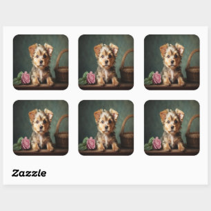 Vintages Niedliches Puppy Yorkshire Terrier Rose P Quadratischer Aufkleber