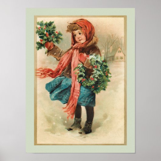 Vintages Niedliches Weihnachtsmädchen mit Holly Wr Poster (Vorne)