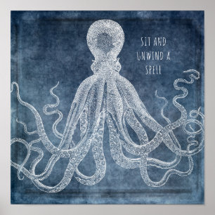 Vintages Oktopus Twilight Blue Watercolor Zitat Poster