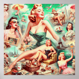 Vintages Ölgemälde-Collage-Button nach oben Poster