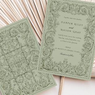 Vintages Olive Green Verziert Wedelwork Einladung