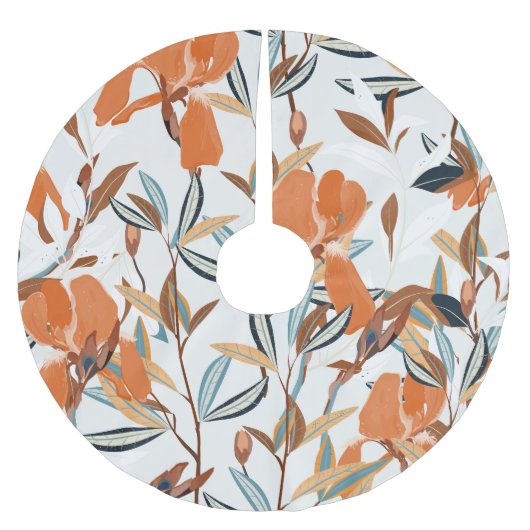 Vintages Orange Iris Blumenmuster Polyester Weihnachtsbaumdecke (Vorderseite)