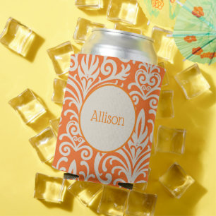 Vintages Orange und weißes Damast Personalisiert Dosenkühler