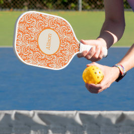 Vintages Orange und weißes Damast Personalisiert Pickleball Schläger
