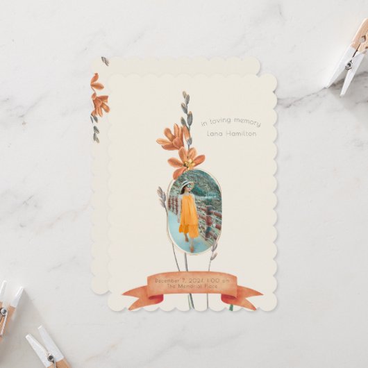 Vintages Orangefarbenes Foto-Beerdigungsprogramm Einladung (Vorderseite/Rückseite Beispiel)