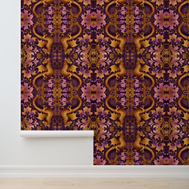 Vintages Orangenrosa und Lila Drachenmuster Tapete (Anwendung)