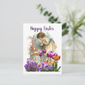 Vintages OsterGirl mit Tulip-Blume Feiertagspostkarte (Stehend Vorderseite)