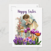 Vintages OsterGirl mit Tulip-Blume Feiertagspostkarte (Vorne/Hinten)