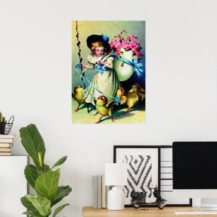 Vintages OsterGirl und Baby Chicks Poster