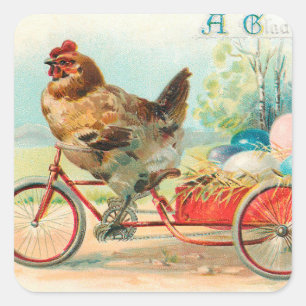Vintages Osterhühnchen Reiten eines Fahrrad Ostere Quadratischer Aufkleber