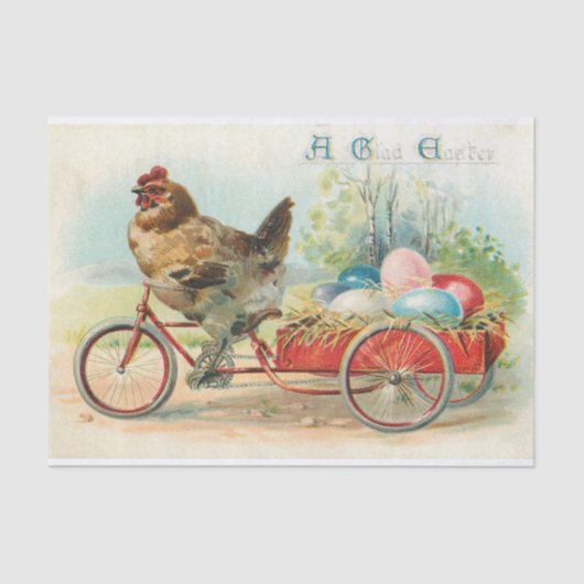 Vintages Osterhühnchen Reiten eines Fahrrad Ostere Seidenpapier (Vorderseite)