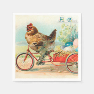 Vintages Osterhühnchen Reiten eines Fahrrad Ostere Serviette