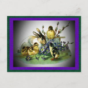 Vintages Osterkaninchen, Baby Chicks & Blume, ZSSG Feiertagspostkarte