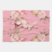 Vintages Osterkaninchen, rosa Blütenpracht Geschirrtuch (Horizontal)