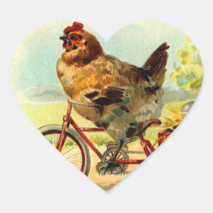 Vintages Ostern-Huhn auf einem Fahrrad Herz-Aufkleber