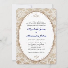Vintages Oval auf Burlap- und Lace-Hochzeit Einladung