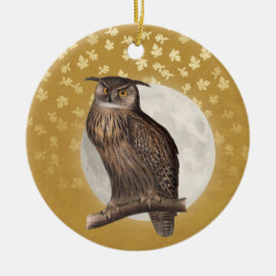 Vintages Owl and Moon on Gold mit Glittery-Blätter Keramik Ornament