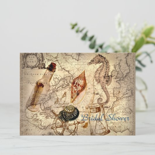 Vintages Ozeankarten-Strandhochzeits-Brautparty Einladung (Stehend Vorderseite)