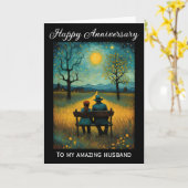 Vintages Paar sitzt unter dem Mondjubiläum Karte (Gelbe Blume)