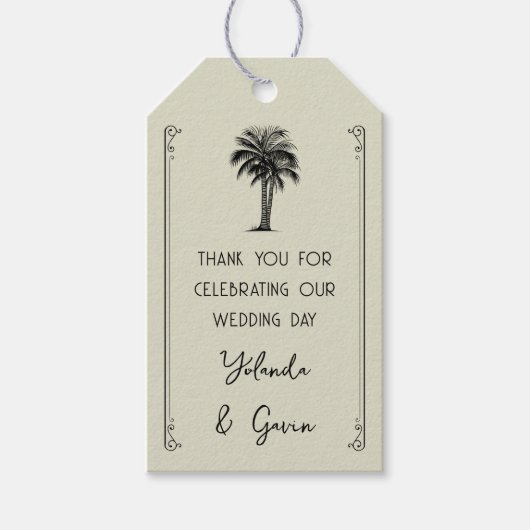 Vintages Palmenbaum-HochzeitsBrautparty Geschenkanhänger (Vorderseite)