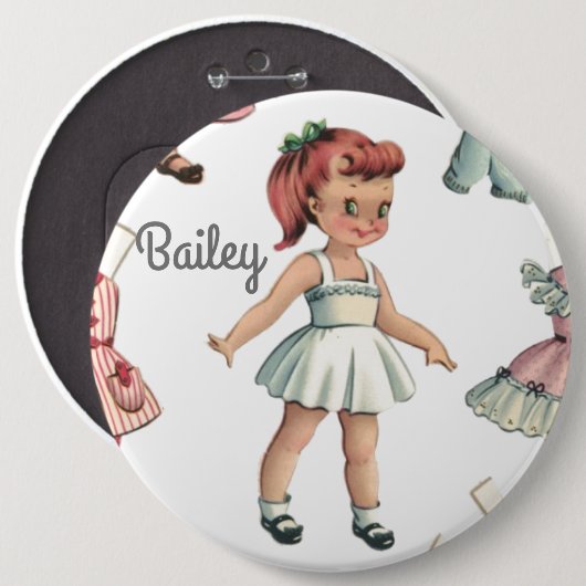 Vintages Papierpuppbild mit Kleidern Personalisier Button (Vorne & Hinten)