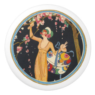 Vintages Parfüm und eine Frau picken Kirschblüten Keramikknauf