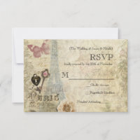 Vintages Paris Roses Lock & Key Wedding RSVP