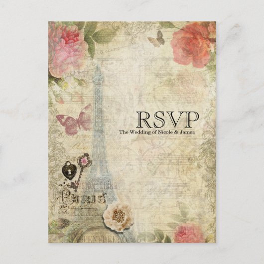 Vintages Paris Roses Lock & Key Wedding RSVP Einladungspostkarte (Vorderseite)