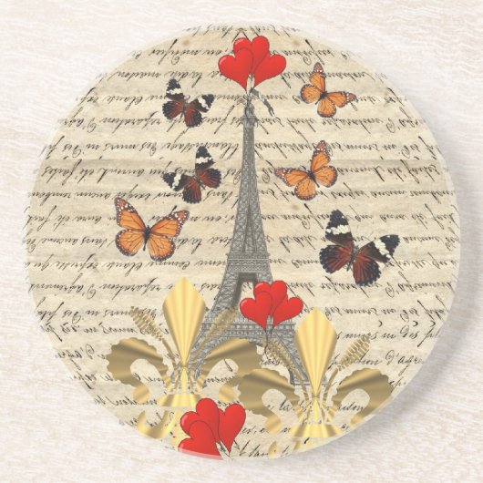 Vintages Paris u. Schmetterlinge Sandstein Untersetzer (Vorne)