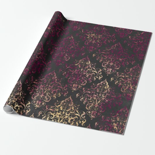 Vintages Pariser Burgund und Gold Grunge Damask Geschenkpapier (Ungerollt)