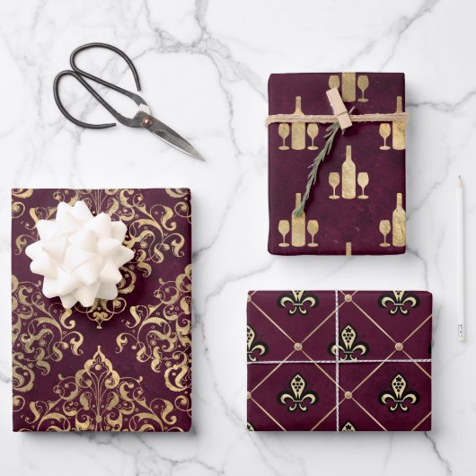 Vintages Pariser Burgund und Goldgräberweine Geschenkpapier Set (Vorderseite)