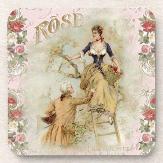 Vintages Pariser Couple Picking Fruchtpink Decodip Getränkeuntersetzer (Vorderseite)