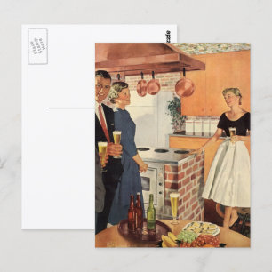 Vintages Party in Küche, Bier und Vorspeisen Postkarte