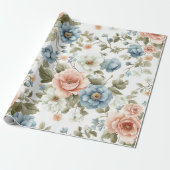 Vintages Pastellblau und Pfirsichblumenmuster Geschenkpapier (Ungerollt)
