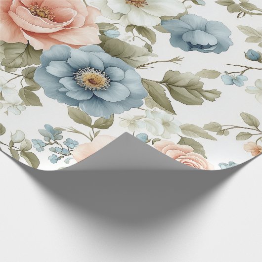 Vintages Pastellblau und Pfirsichblumenmuster Geschenkpapier (Ecke)