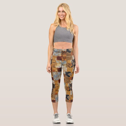 Vintages Patchwork Kunstfasermuster Capri Leggings (Vorderseite)