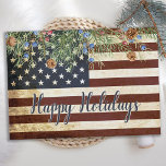 Vintages patriotisches amerikanisches Flaggenunter Feiertagskarte<br><div class="desc">Senden Sie Happy Holiday Grüße an andere Geschäftsfreunde und Familienmitglieder mit dieser einzigartigen US-amerikanischen Flag Weihnachtskarte - US-amerikanische Flagge Design Vintag rot-weiß-blau Design mit Heiligen und Beeren. Personalisieren Sie Ihre E-Mails und Ihren Geschäfts- oder Familiennamen. Diese patriotische Weihnachtskarte ist ideal für Militärfamilien, Veteranen, patriotische Familien und Veteranen-Service-Abteilung Weihnachtskarten. COPYRIGHT ©...</div>