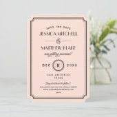 Vintages Peach Art Deco Monogramm Save the Date (Stehend Vorderseite)