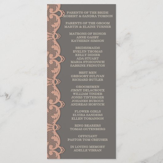 Vintages Peach Gray Lace Hochzeitsprogramm Programm (Rückseite)